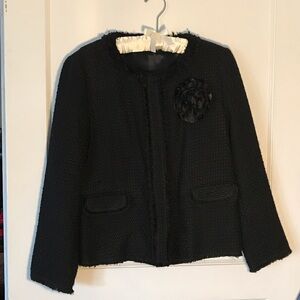 Hallhuber German Designer Black Tweed Jacket with Floral Accent Size 8